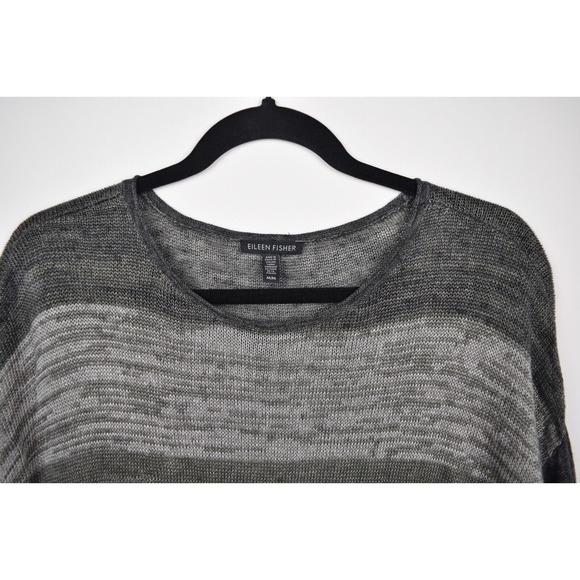 Eileen Fisher Womens Sweater Open Knit Linen Gray Striped Long Sleeve Sz Medium - Picture 2 of 16